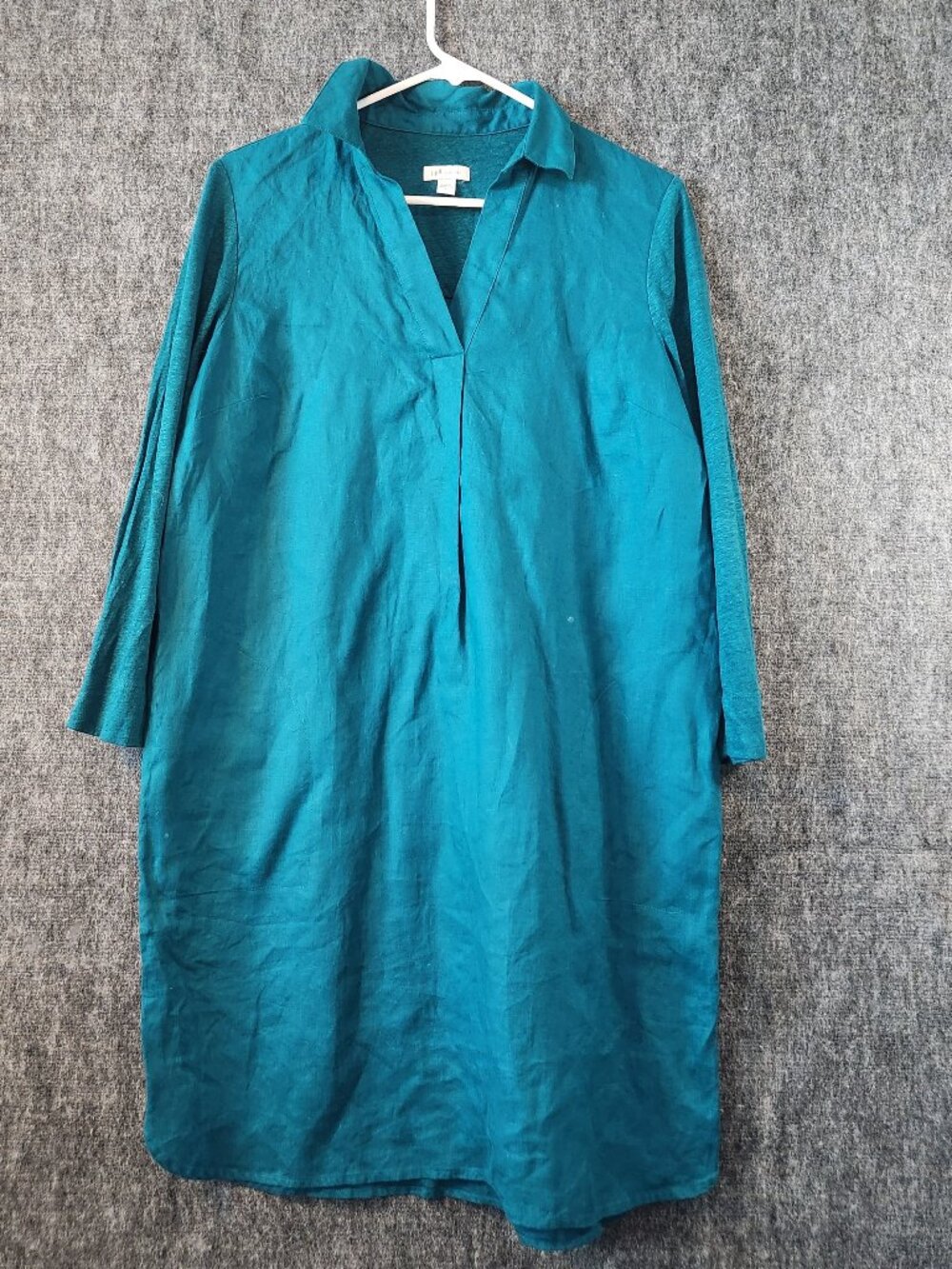 J. Jill Mixed Media 100% Linen Dress Small Teal Split V-Neck Midi Comfort